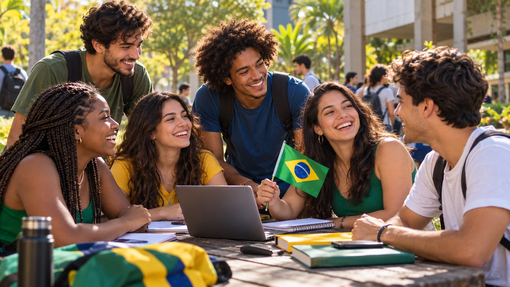 Illustration of students connecting around a table with a Brazilian flag